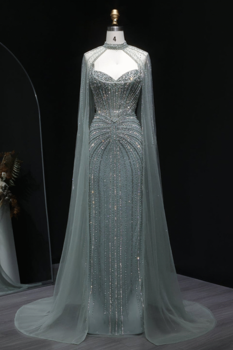 Luxury Crystal Sage Green Evening Dress With Cape Sleeves