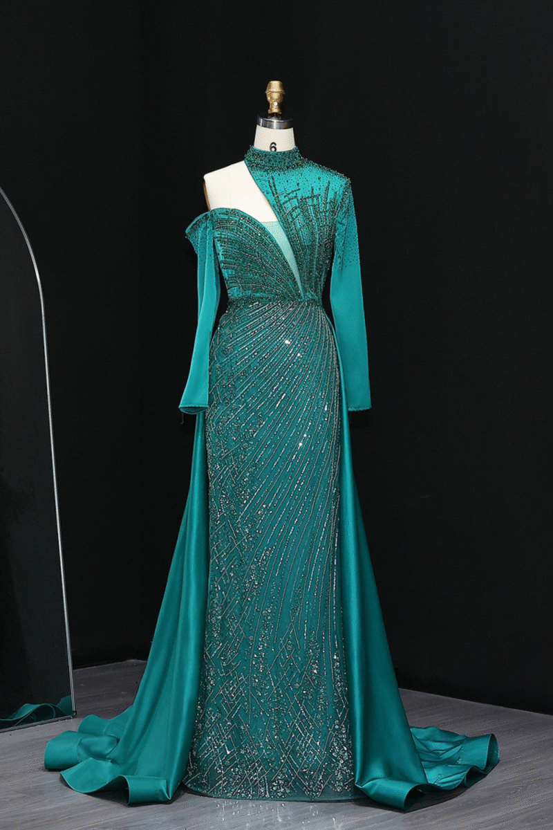 Luxury Green One-Shoulder Mermaid Evening Dress with Overskirt