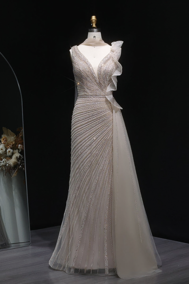 Beaded Mermaid Champagne Evening Dress with Side Skirt Ruffles