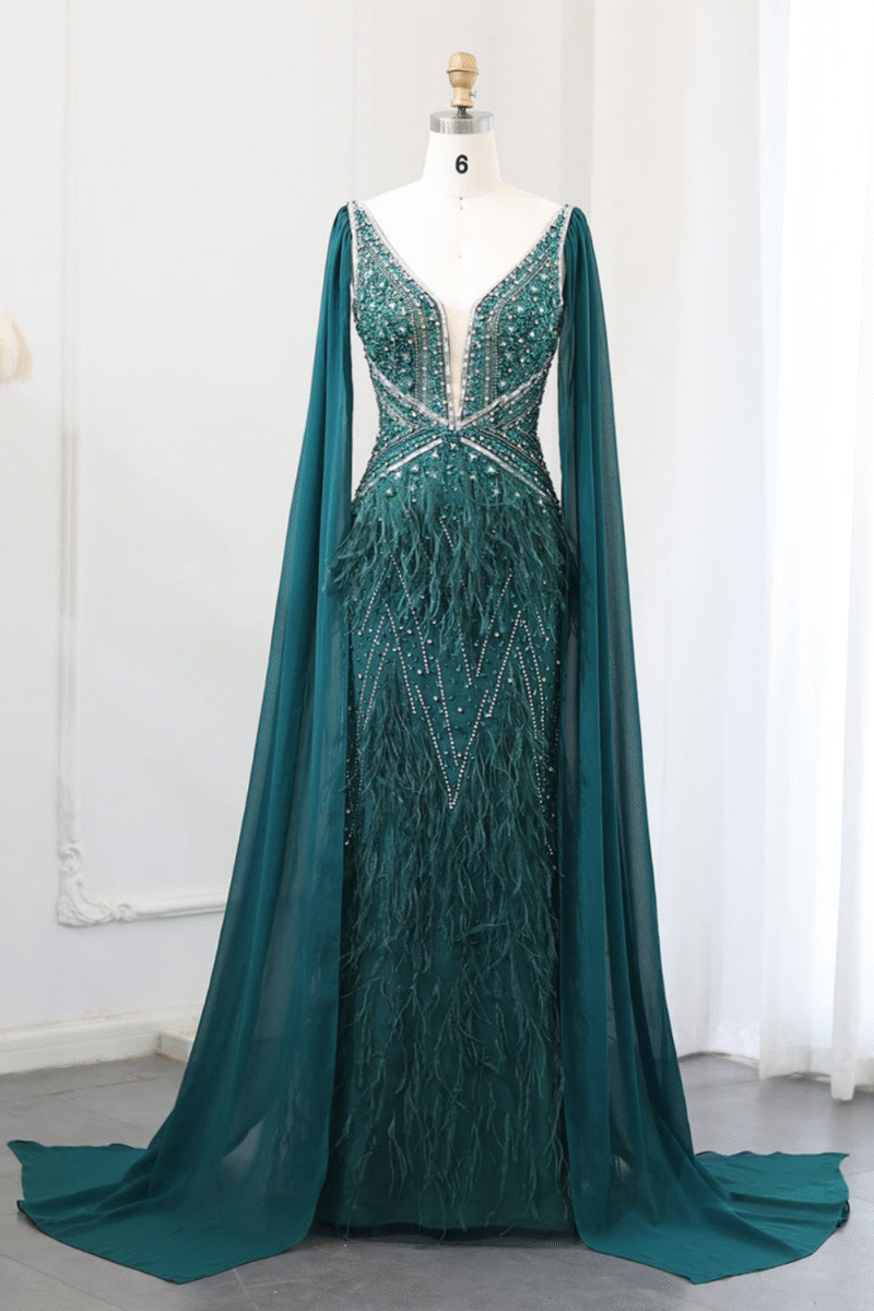 Elegant Luxury Evening Green Gown with Flowing Cape Sleeves
