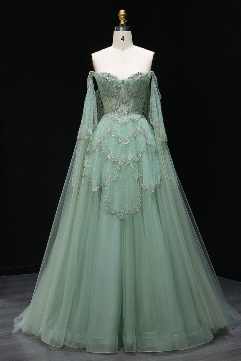 Elegant Evening Green Dress with Ruffle Design and Cape Sleeves