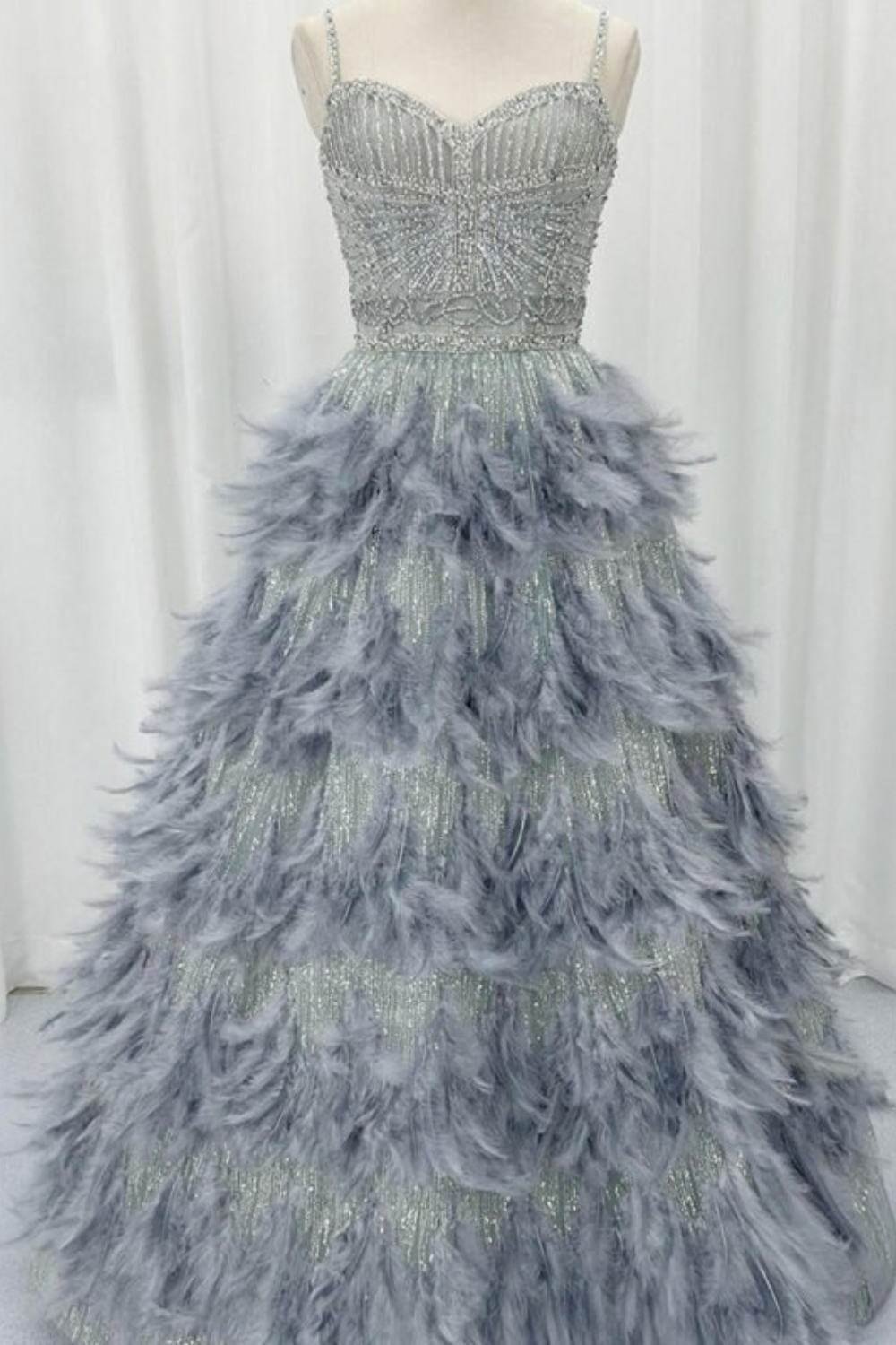 Crystal Feathers Luxury Silver Grey Gown