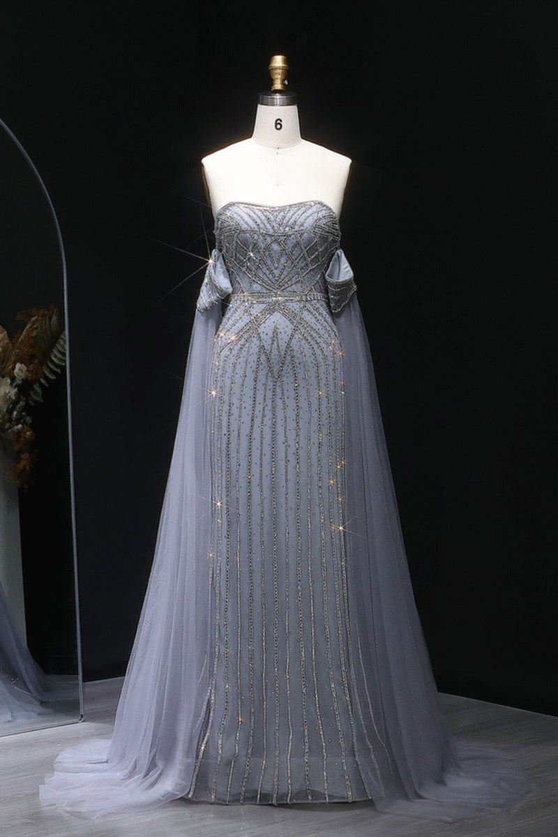 Sparkling Grey Rhinestones Mermaid Evening Dress with Cape Sleeves