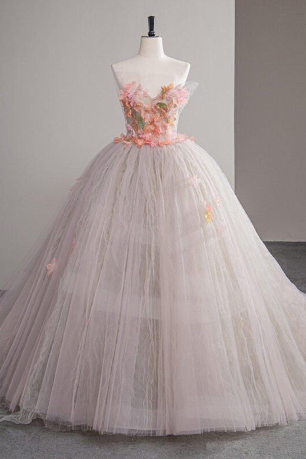 Vintage Off-the-Shoulder White & Pink Chiffon Ball Gown