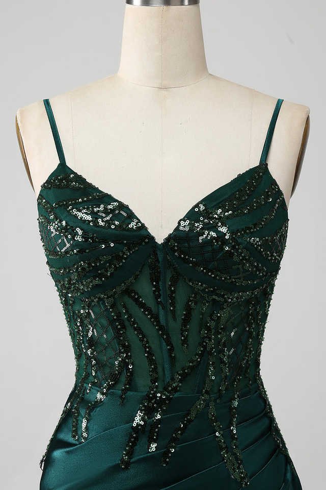 Sparkly Dark Green Sequin Mermaid Prom Dress – Corset Bodice with High Slit