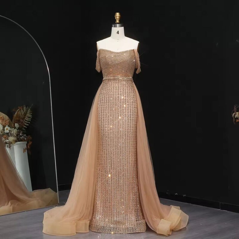 Luxury Beaded Purple Off-Shoulder Evening Dress with Overskirt