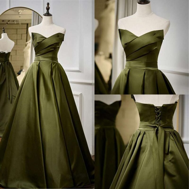 Vintage Green Satin Off-Shoulder Pleated Evening Gown