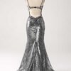Silver Shiny Prom Dress – Deep V-Neck Spaghetti Strap Gown with High Slit