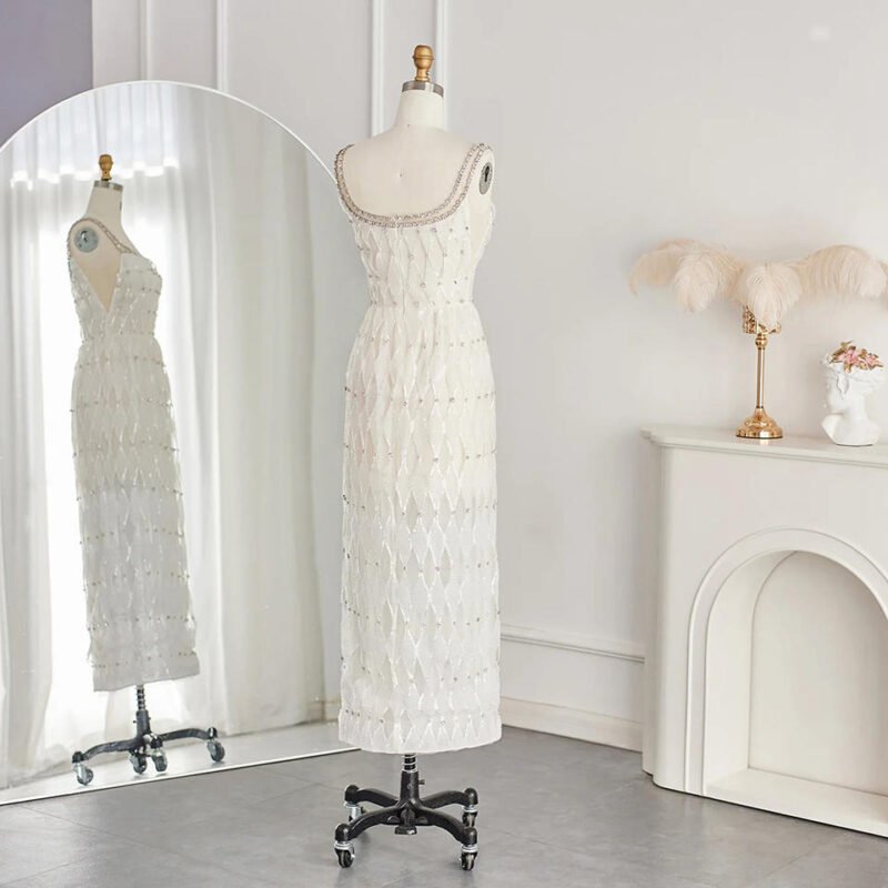 Elegant Midi Crystal White Evening Dress with Square Neckline