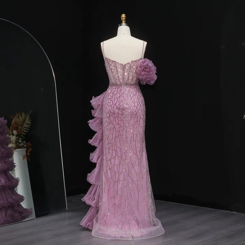 White Mermaid Evening Dress – Spaghetti Straps with Tiered Ruffles