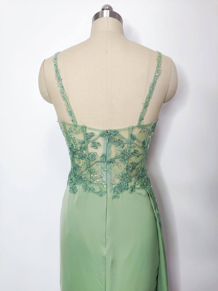Light Green Spaghetti Straps Appliqued Evening Dress