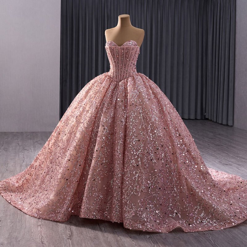 Pink Luxury Strapless Sequins & Beaded Ball Gown