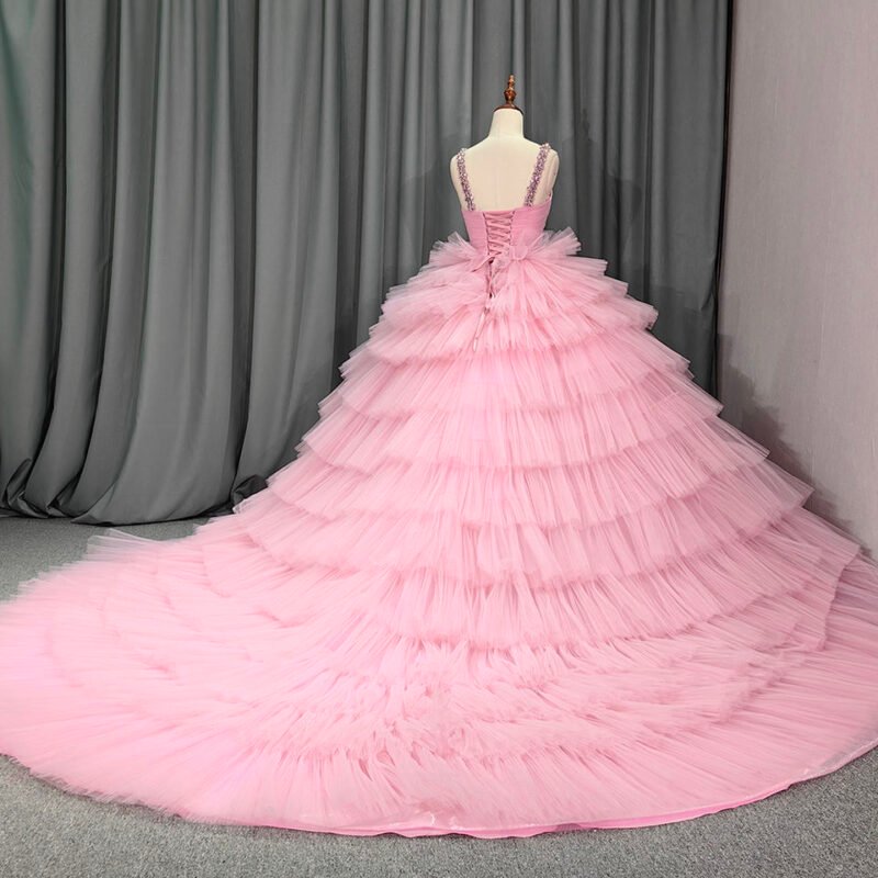 Pink V-Neck Puffy Ball Gown Dress