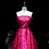 Elegant Fuchsia Satin Evening Dress with Feathers