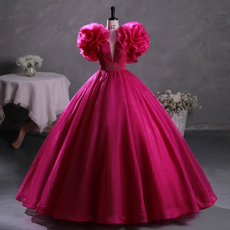 Elegant Bright Rose Red Puff Sleeves Ball Gown