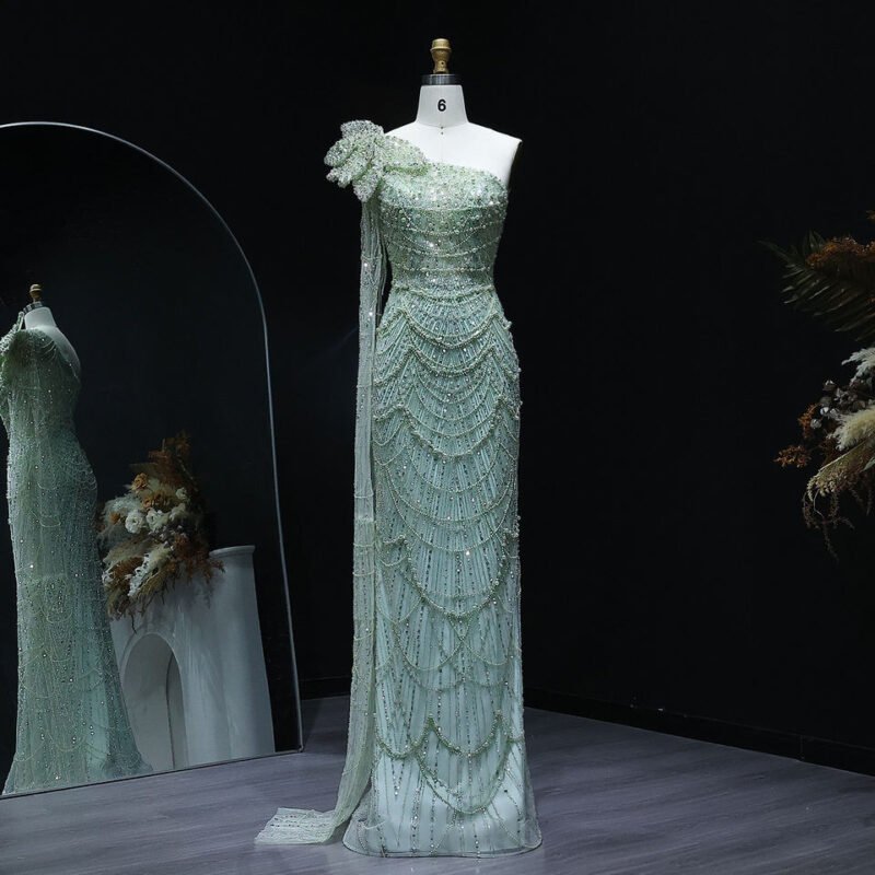 Luxury Pearls 3D Flower One-Shoulder Evening Dress