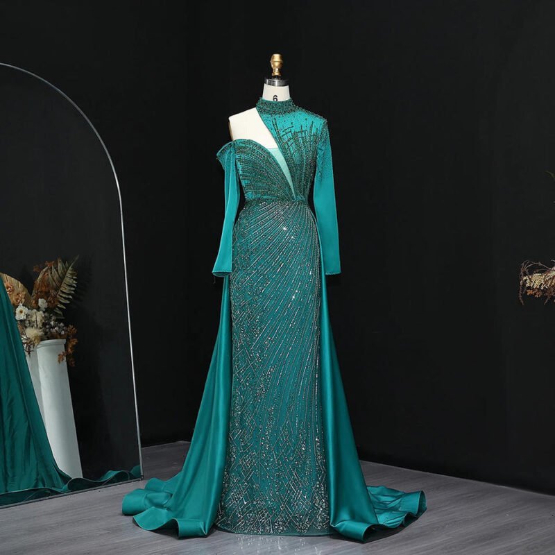 Luxury Green One-Shoulder Mermaid Evening Dress with Overskirt