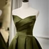 Vintage Green Satin Off-Shoulder Pleated Evening Gown