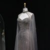 Luxury Crystal Grey Green Evening Dress With Cape Sleeves
