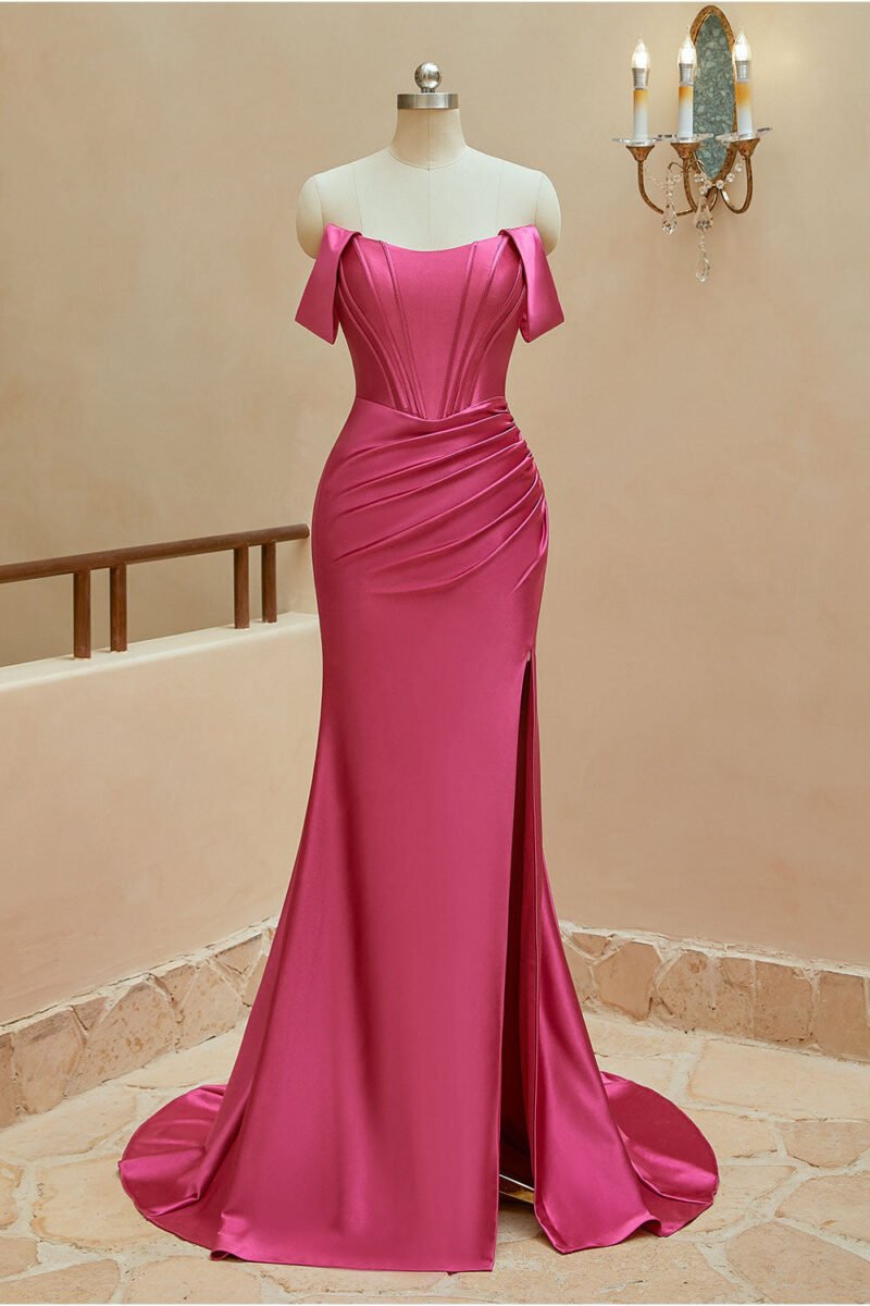 Hot Pink Off-Shoulder Pleated Mermaid Prom Dress – Glamorous Evening Gown