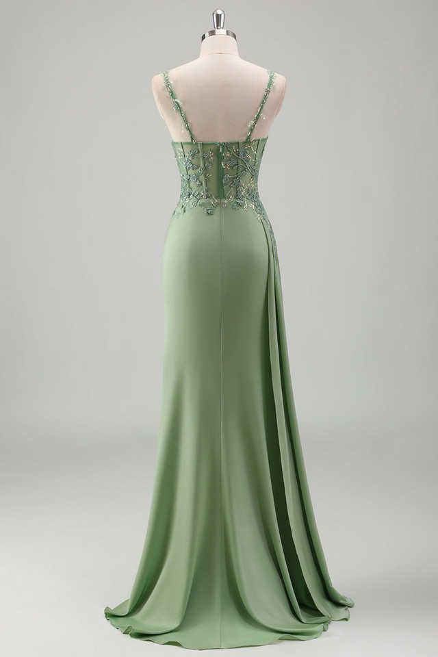 Light Green Spaghetti Straps Appliqued Evening Dress