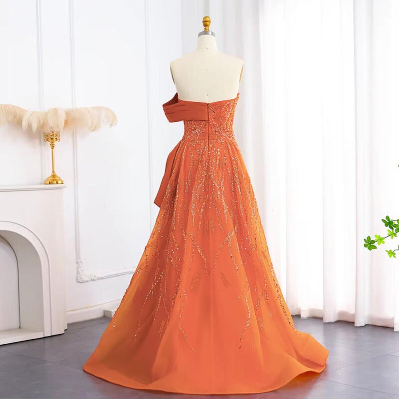 Elegant Rust Orange Luxury Beaded Evening Dress