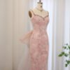 Elegant Long Pink Lace Spaghetti Strap Bow Dress
