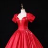 Glossy Red Satin Deep V-Neck Ball Gown