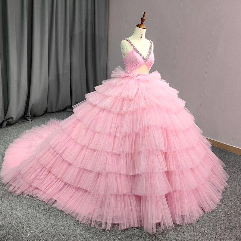 Pink V-Neck Puffy Ball Gown Dress
