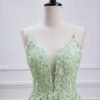 Sage Green Embroidered Lace V-Neck Prom Dress – Lace-Up Back & Elegant Appliques