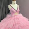 Pink V-Neck Puffy Ball Gown Dress