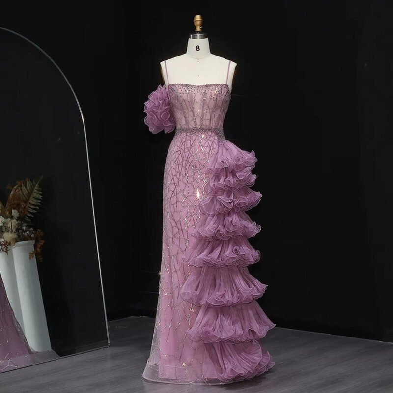 White Mermaid Evening Dress – Spaghetti Straps with Tiered Ruffles