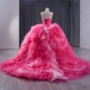 Rose Pink Sleeveless Ruffle Lace Ball Gown
