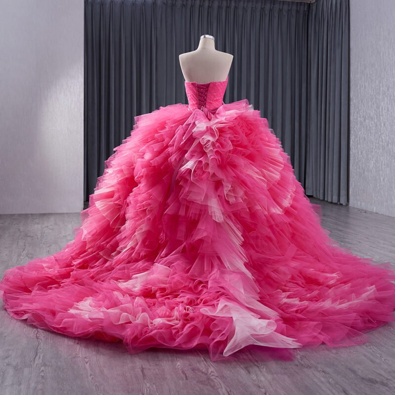 Rose Pink Sleeveless Ruffle Lace Ball Gown