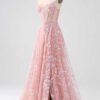 Blush Pink A-Line Sequin Corset Prom Dress with Slit – Spaghetti Straps