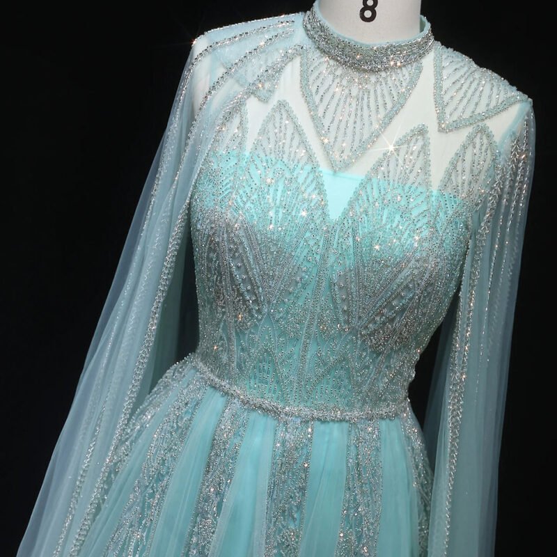 Luxury Aqua Blue Evening Dress with Cape Sleeves
