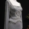 Luxury Grey Crystal Evening Dress With Long Sleeves
