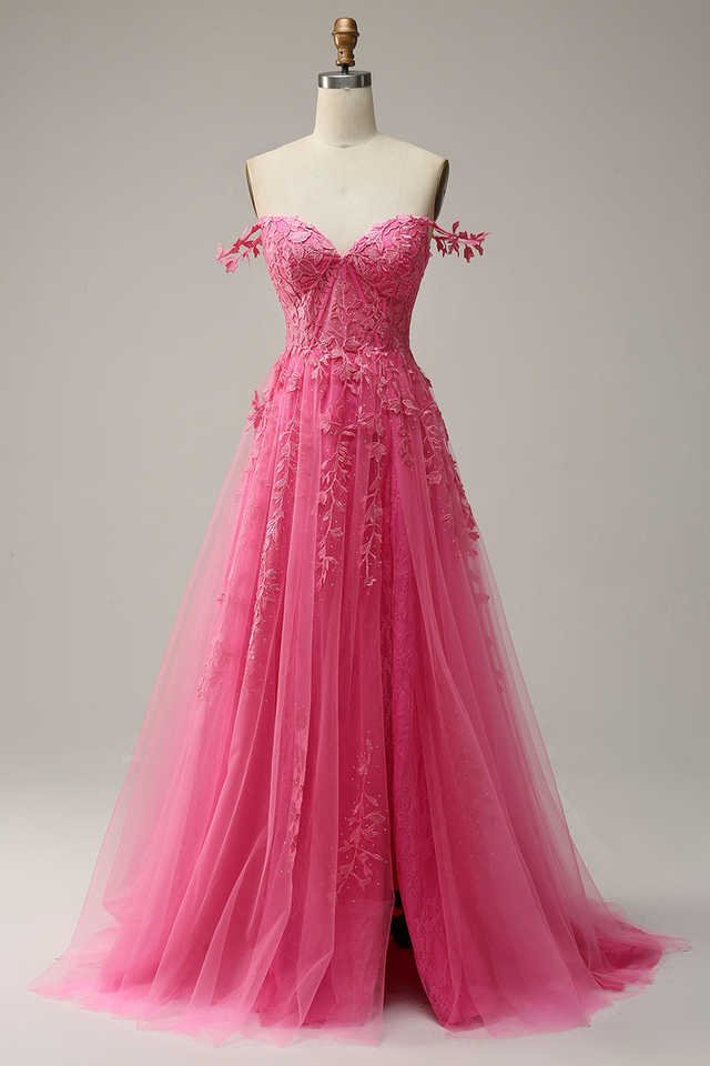 Hot Pink Off-Shoulder Prom Dress with Appliques – Elegant Long Evening Gown