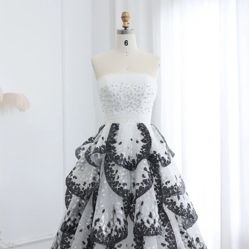 Luxury White Sequin Ball Gown with Train – Elegant Evening Dress