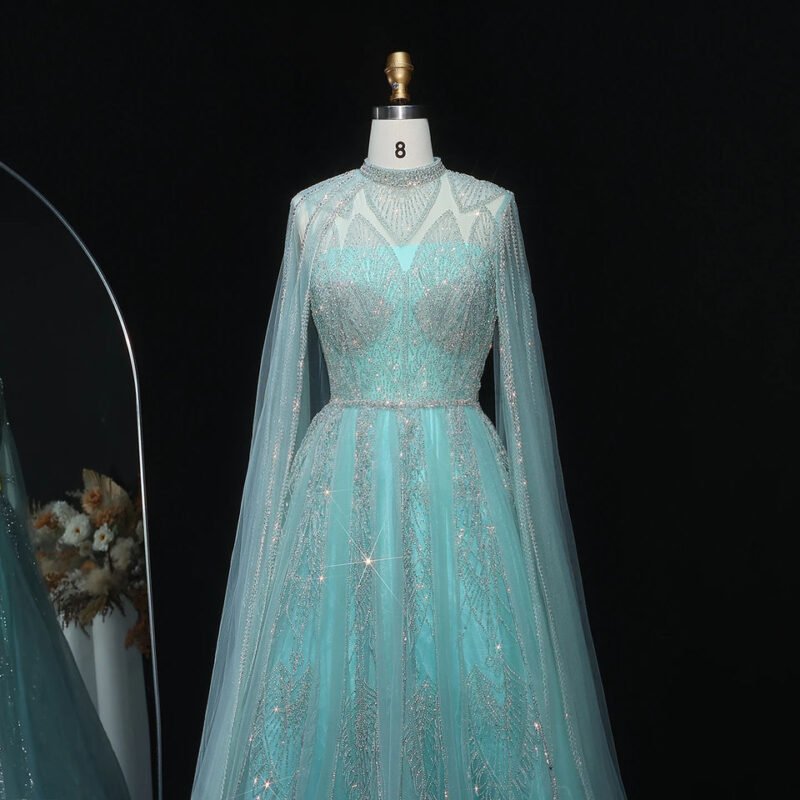 Luxury Aqua Blue Evening Dress with Cape Sleeves
