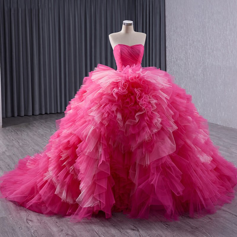 Rose Pink Sleeveless Ruffle Lace Ball Gown