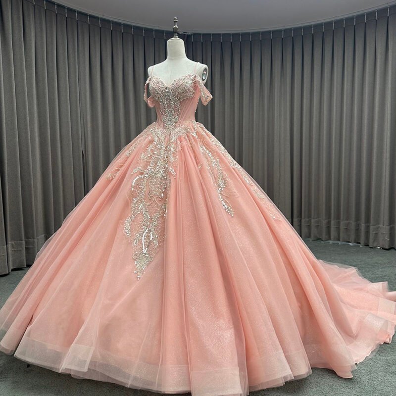 Orange Off-Shoulder Beaded Crystal Evening Dress – Sweet 16 & Prom Ball Gown