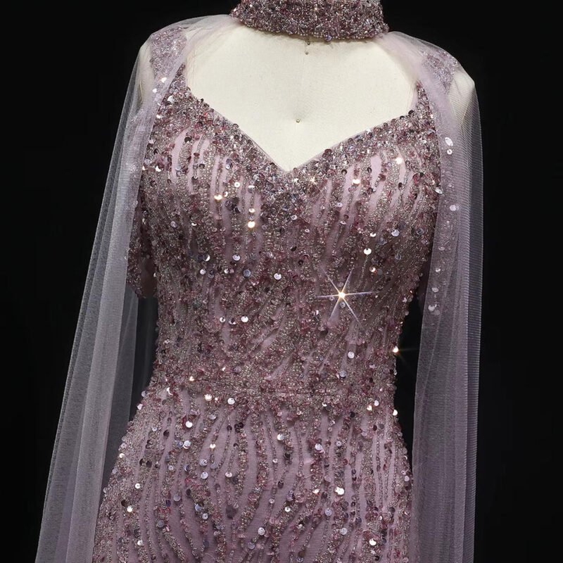 Pink Arabic Mermaid Evening Dress with Cape Sleeves