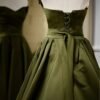 Vintage Green Satin Off-Shoulder Pleated Evening Gown