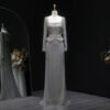 Luxury Grey Crystal Evening Dress With Long Sleeves