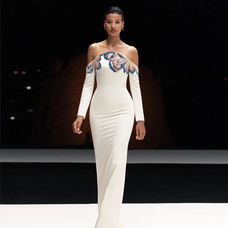 Elegant Long Off-the-Shoulder White Evening Dress with Floral Beading