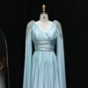 Luxury Crystal Blue Evening Dress With Cape Sleeves
