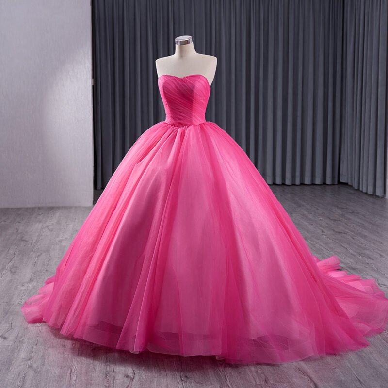 Rose Pink Sleeveless Ruffle Lace Ball Gown
