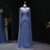 Luxury Blue Beaded Evening Dress with High Neck
