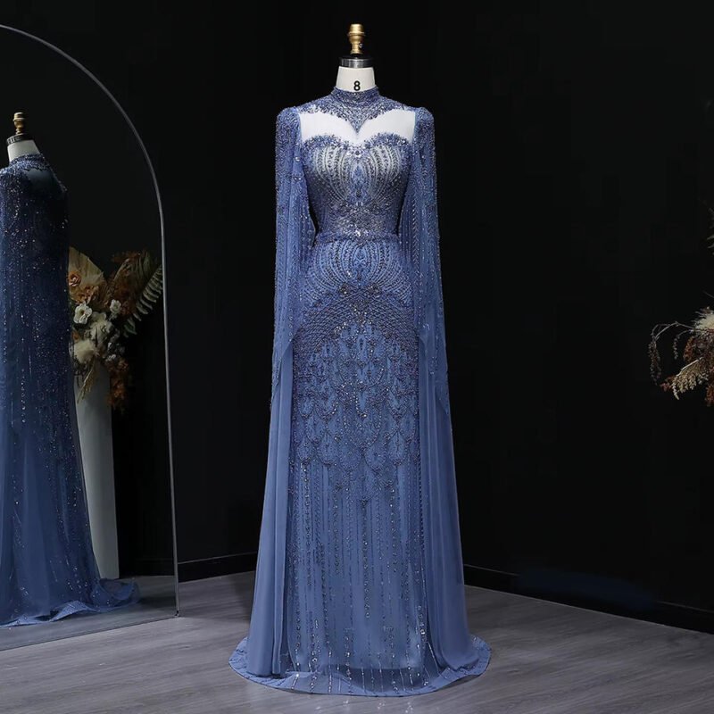 Luxury Blue Beaded Evening Dress with High Neck
